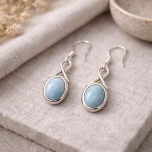 Natural Larimar Dangle Cabachon Drop Earrings | 925 Silver Ocean-Inspired #543